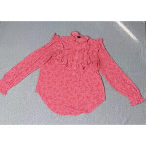 Ann Taylor Ruffled Peasant Style Partial Button Up Blouse Womes Size S Pink Puff